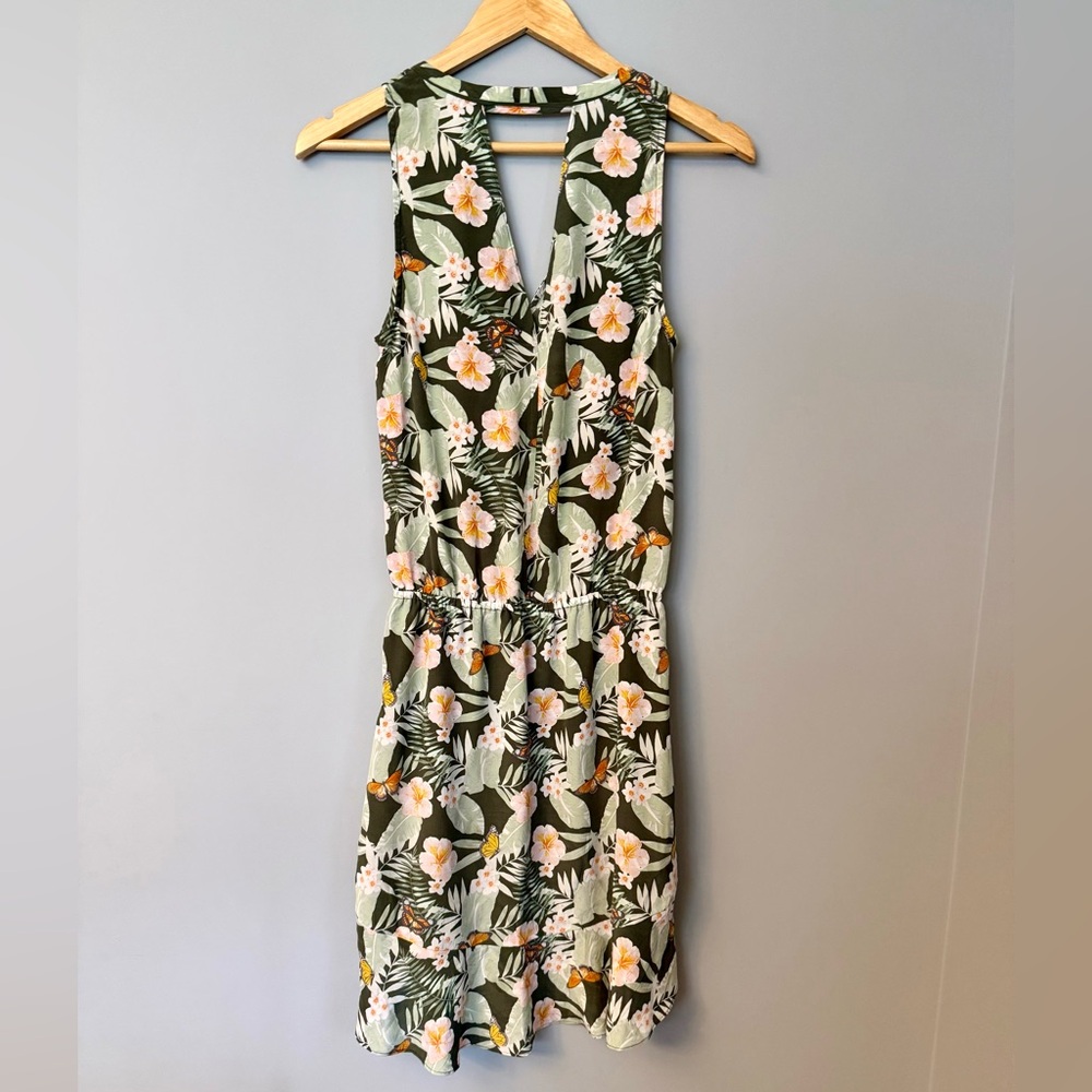 Joie Sabera 100% Silk Short Dress Olive Green Tropical Floral Spring Summer Vaca - Picture 5 of 8